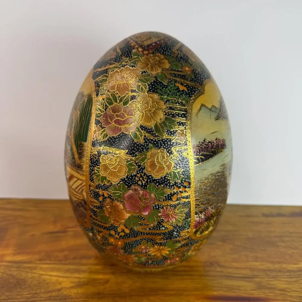 Satsuma Ceramic Egg Gold Trim Geisha Boat Landscape Asian Hand Painted